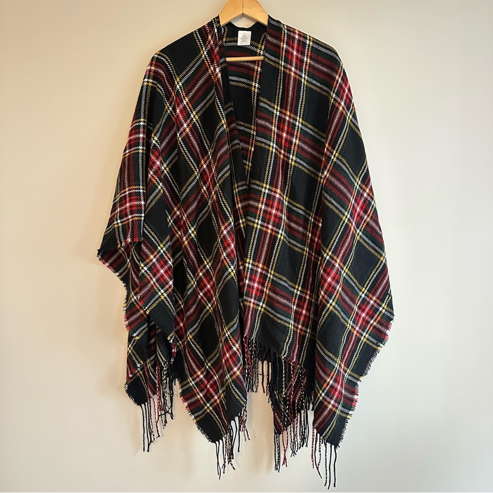 Plaid Fringe Wrap Shawl | Red & Black Tartan w/ Green & Yellow | One Size